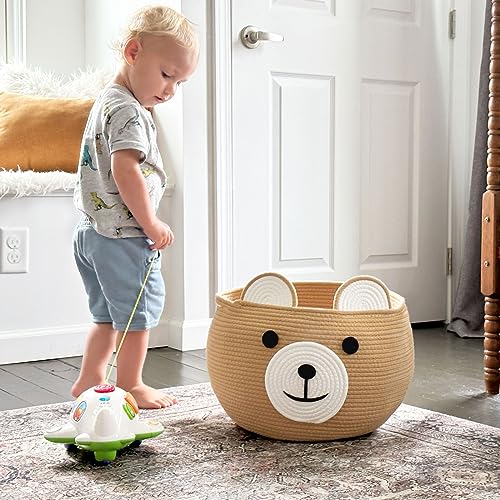 Image of CherryNow Baby Basket for Newborn, Empty Baskets for Gift, Medium Animal Basket for Toy Clothes Towel, Woven Rope Bear Baskets for Kids, Brown, 15.7 inchD x 10.5 inchH