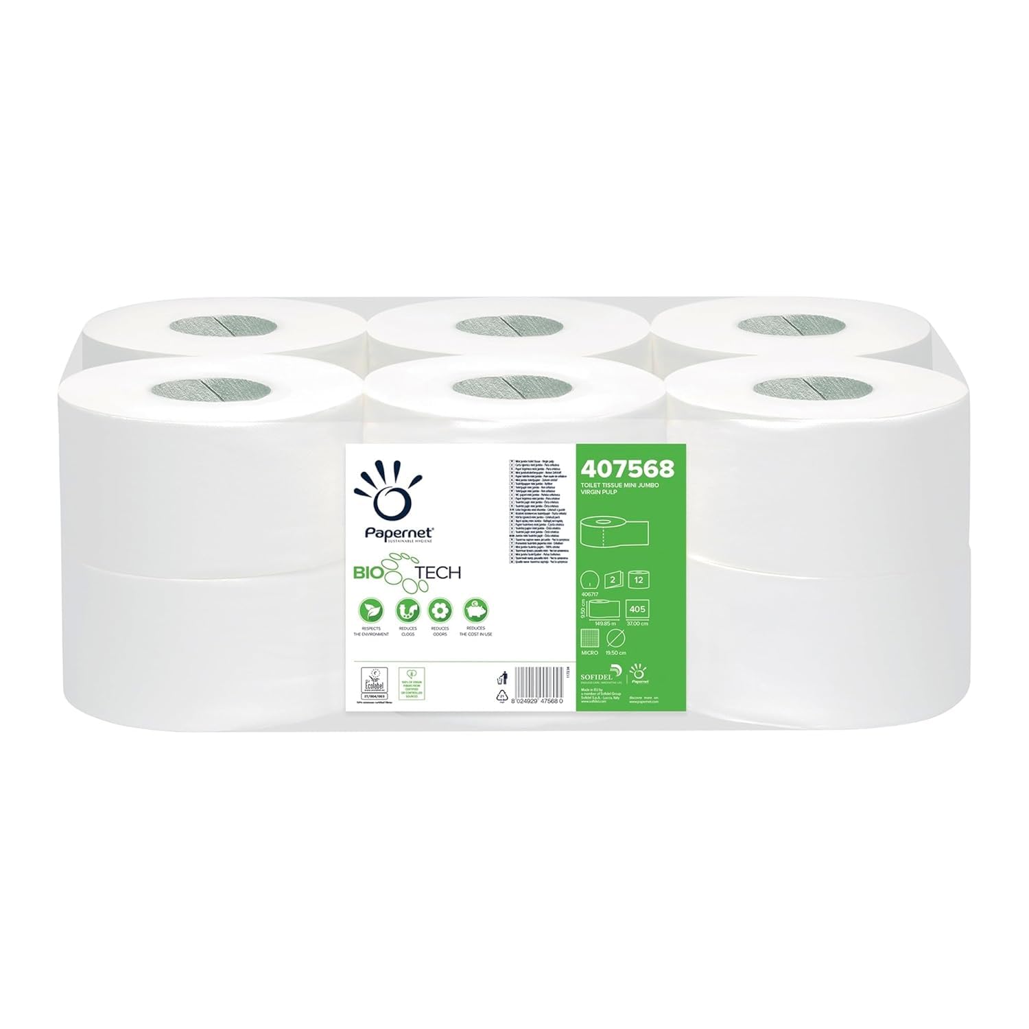 Papernet Bio Tech - Toilet Paper 407568, 1 Pack of 12 Pure Cellulose Rolls 149,85 m Each, Naturally Fights Pathogenic Bacteria, 2 Ply, 450 Tear 9,5x37 cm