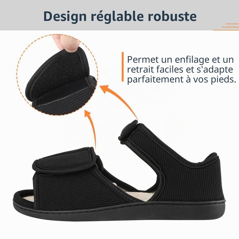 TIESTRA Chaussons Chauds pour Hommes à Pieds Larges,Chausson Diabétiques en Peau D'agneau pour I'hiver,Chaussons en Feutre à Bout Ouvert,Semelle en Mousse à Mémoire de Forme Noir 41-46