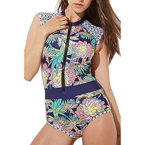 Women's Zip Front Floral Sleeveless Sun UV Protection Rash Guard Striped Leaf Print Padded Sport One Piece Swimsuit Swimwear Zipper Bathing Suit Surfing Bikini Cover