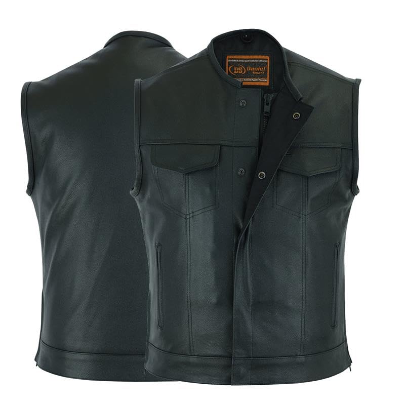 Daniel Smart Men’s Leather Motorcycle Vest Premium Cowhide Biker Vest with Smart Access Pockets & Collarless Windproof Design (US, Alpha, Medium, Regular, Regular, Black)