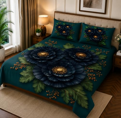 Image of 7D Digital Printed King Size Bedsheet with 2 Pillow Covers | Soft Premium Cotton Feel Microfiber Double Bed Bedsheet |Breathable,Wrinkle Free & Fade Resistant|(TealFloral, KingSize-225x250CM)