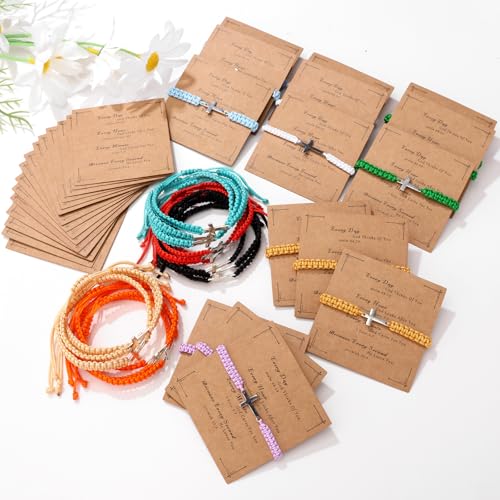Raicegs 30 Pieces Friendship Bracelet Bulk for Women Men Cross Flower Charm String Bracelet Adjustable Braided Bracelet Inspirational Gifts Teacher Birthday Graduation4
