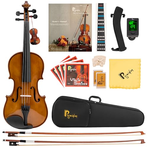 Image of Poseidon Violin for Beginners Adult Fiddle Set, Acoustic Violin Solid Wood Violin 4 /4 with Case, Two 4 /4 Strings, Two Bows, Two Bridges, Two Rosins, Clip-on Tuner, Shoulder Rest Manual - Glossy German