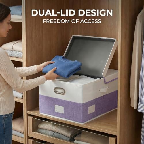 Image of PRANDOM Storage Bins with Lids [3-Pack] Linen Fabric Foldable Storage Boxes Organizer Containers Baskets Cube with Cover for Bedroom Closet Office White&Purple (23.4X15.9X11.4)