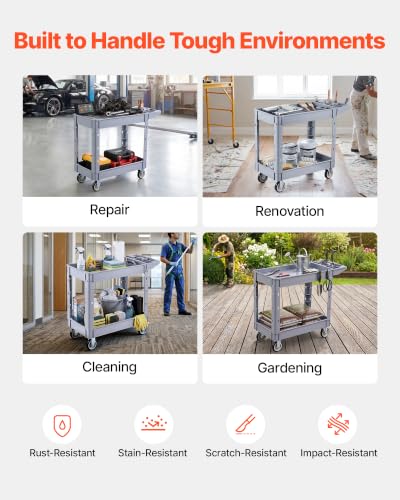 Image of VEVOR Utility Cart, 550 lbs Capacity, 2 Tier Service Cart with 360 Swivel & Fixed Wheels (2 with Brakes), Heavy Duty Plastic Rolling with Storage Tray, Tool Storage for Garage Warehouse Workshop