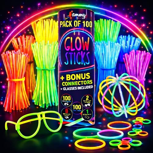 Ammy Glow-Glow Sticks-100 Pack Bulk Party favors for Kids-Neon Glow in The Dark Party Supplies - Eye Glasses, Glow Bracelets & Necklaces -Party Lights For Birthdays & Weddings-205 pcs