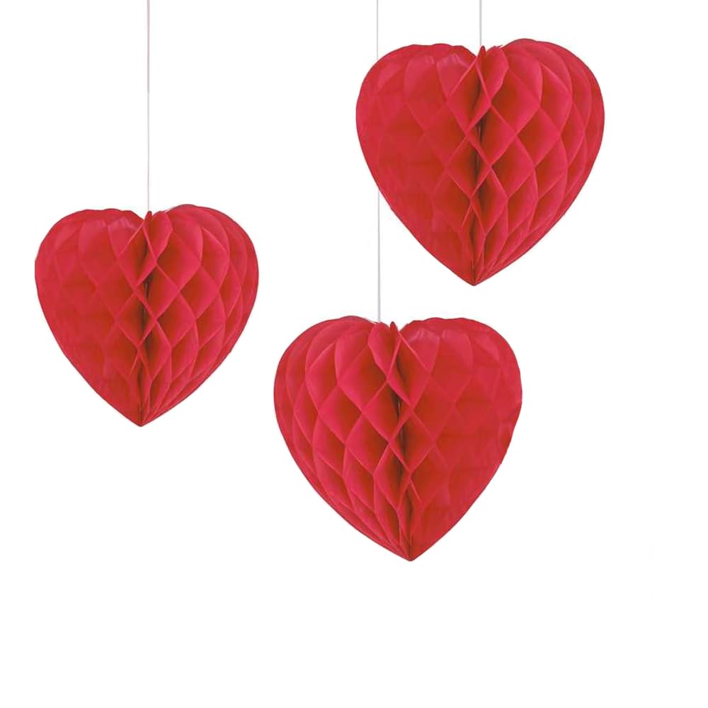 Red Paper Heart Decorations - Honeycomb Ball Paper Lantern Pendant for Wedding Valentine's Day Birthday Party Home Hotel Ornaments (Hanging Paper Heart (20cm, 30cm))