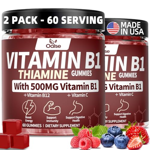 OALSE 2 Packs - Thiamine Vitamin B1 Gummies - 500g Vegan Sugar Free Thiamine Supplement with Natural Mixed Berries Flavor for Adults & Kids (120 Counts) Focus Supplement