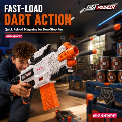 Image of MiniExplorer Automatic Alfa Striker Dart Blaster Toy Gun for Kids, Electronic Foam Dart Blaster with 20 Darts, Removable Stock & Barrel, Outdoor Action Toy for Boys & Girls Age 8+