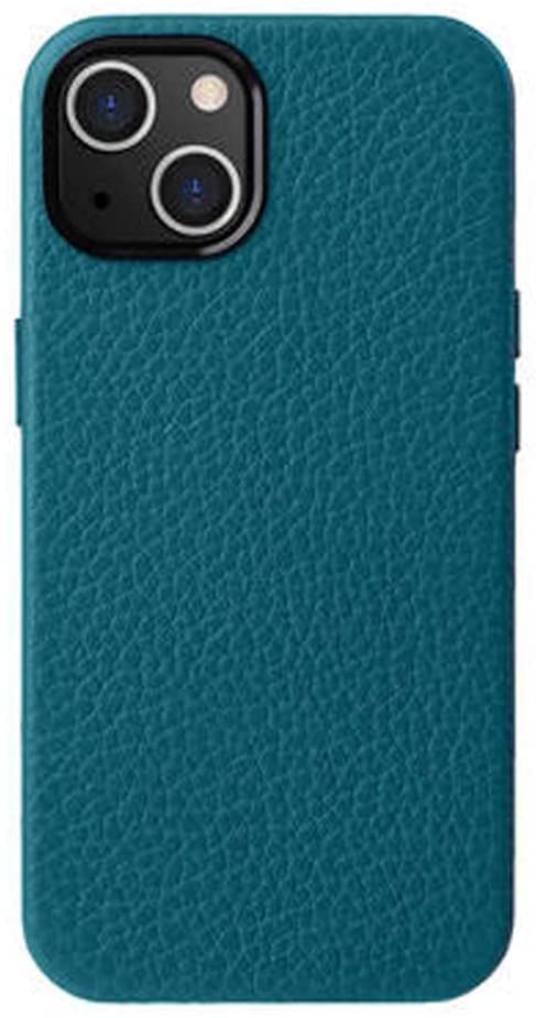 Coque iPhone 13 en cuir véritable bleu vert style litchi premium