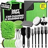 27 Pcs Car Cleaning Kit with Detailing Brushes - Complete Valeting Kit for Interior & Exterior - Includes Alloy Wheel Brush, Drill Polishing Pads & Wash Mitt - Professional Car Washing Gift for Men