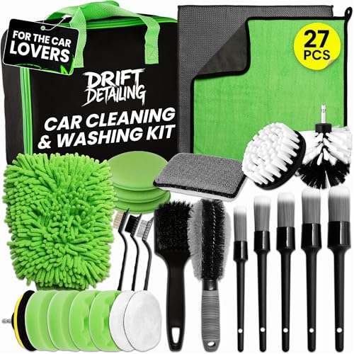 27 Pcs Car Cleaning Kit with Detailing Brushes - Complete Valeting Kit for Interior & Exterior - Includes Alloy Wheel Brush Drill Polishing Pads & Wash Mitt - Professional Car Washing Gift for Men