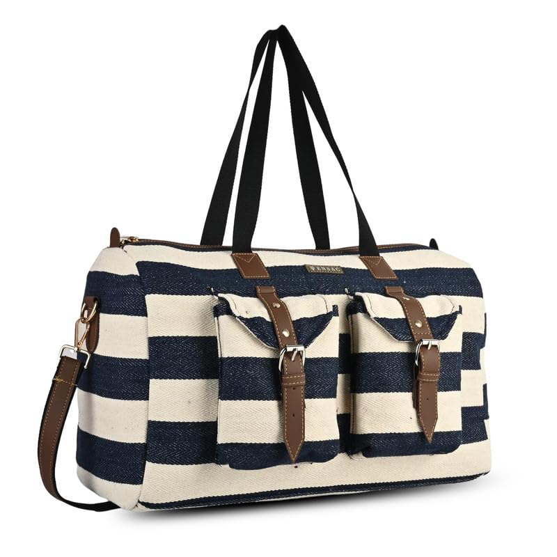 Image of ENSAC Premium Cotton Jacquard Travel Duffle Bag for Men & Women | Cabin Size Weekender & Holiday Luggage Bag | Stylish Unisex Carry Bag | Black-Beige
