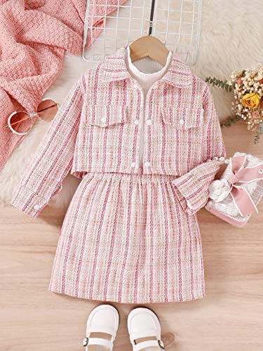 Image of WDIRARA Toddler Girl's 3 Piece Outfits Plaid Tweed Jacket and Mini Skirt Set with Tee Top