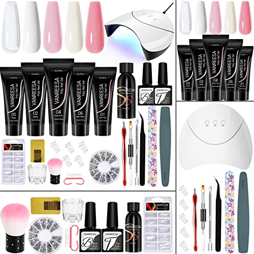 Poly Nail Gel Kit, 5 Colors Pink White Clear Nude Poly Nail Extension Gel Set with 36W U V Nail Lamp VANREESA No Wipe Top Base Coat Extension Gel Nail Starter Kit for Gift