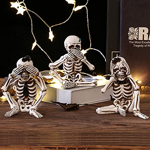 Image of Skeletons Statue Set of 3pcs Hear See Speak No Evil Realistic Skull Figurines Macabre Halloween Gothic Home Decor, Office Desk Decorations, Halloween Decorations, 5.2''
