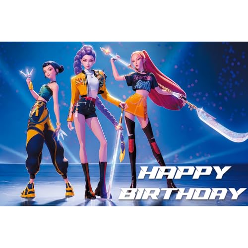 5x3ft Happy Birthday Backdrop K/DA Pop Stars Girl Group Party Banner Anime Music Idol Themed Photography Background for Kids Teens Birthday Party Decorations Photo Booth Props