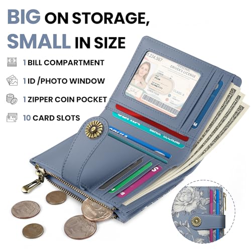 Image of Small Wallet for Women, RFID Blocking Bifold Card Holder Wallet with 10 Card Slots, Cash Compartment, Zipper Coin Pocket & ID Window, Cute Soft Vegan Leather Compact Wallet, Butterfly Peony