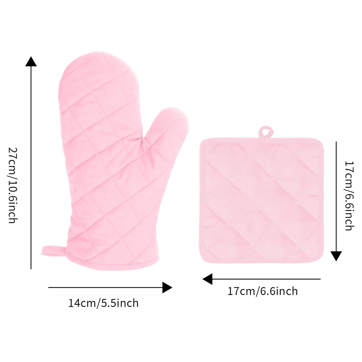 Set di 4 guanti da forno e presine rosa resistenti al calore (2 guanti + 2 imbottiture), in poliestere trapuntato a doppio strato, accessori da cucina per cottura e cottura