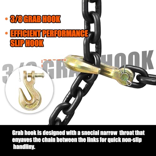 Image of G80 Log Chain 3 /8'' X 15 Feet Transport Chain with Clevis Grab Hooks | Heavy Duty Safety Chain WLL 7,100 lbs for Hauling & Towing