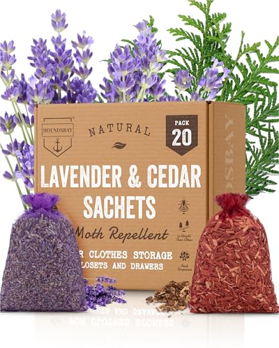 All-Natural Cedar and Lavender Sachet (20 Pack) with Hanger Hooks Included: 10 Lavender Sachets for Drawers and Closets, 10 Cedar Sachets Best Moth Repellent for Clothes
