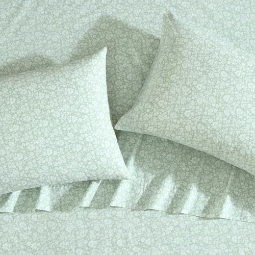 Image of Laura Ashley - Twin Size Sheet Set, Crisp & Lightweight Cotton Percale Bedding with Fitted Sheet and Pillowcase, Floral Room Decor, Deep Pocket, College Dorm Room Essentials (Heirloom Ditzy Green)