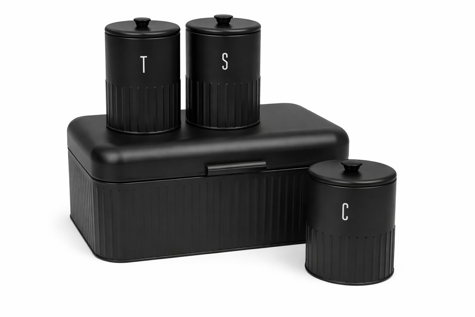 Blackmoor Black Moor Callisto Tea, Coffee, Sugar, Bread Bin Storage Set/Secure Lids For Freshness / 4Pc Kitchen Canisters/Ribbed Embossed Design (Black)