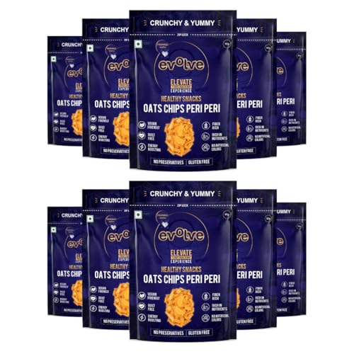 Image of Evolve Oats Chips Healthy Snacks for Kids, Adults | Gluten Free, Vacuum Fried, High in Protein, Low Calorie, Weight Loss Friendly, Peri Peri Flavor - 100g Pack of 10