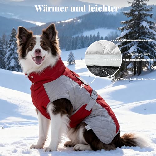 BECROWM Hundemantel mit, Winddicht und wasserdicht, verdickter Kragen für Windschutz, verstellbare Schnalle, Winterjacke Hunde (Rot/Grau, L (63,5-73,7 cm))