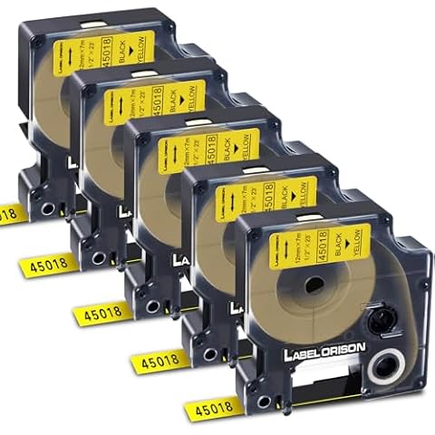 Label Orison D1 Tape Compatible with Dymo Labelmanager Labels 45018 S0720580 Black on Yellow 12mm 1/2-inch for 160 280 260P 210D PNP 420P 360D 220P 500TS,5Pack Cover