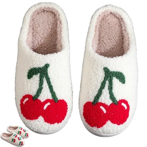 Plush Slippers for Women Men Cute Cherry Fuzzy Slippers Winter Warm Soft Lightweight House Slippers Slip On Cozy Indoor Outdoor Couple Fluffy Bedroom Slippers Non Slip Sole