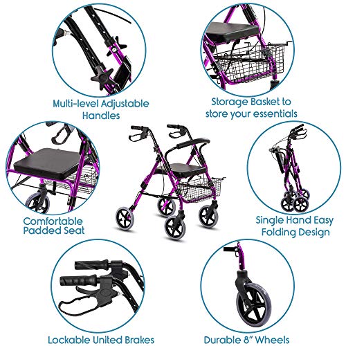 Image of KosmoCare Premium Imported Rollator Walker with Seat - (Color - Purple)