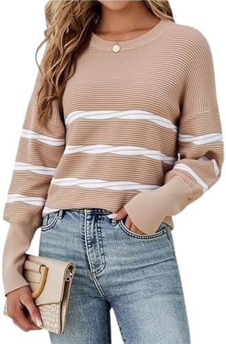 ECOWISH Women's Long Sleeve Crewneck Striped Sweater - Fall 2025 Trendy Casual Knitwear for Office & Daily Wear