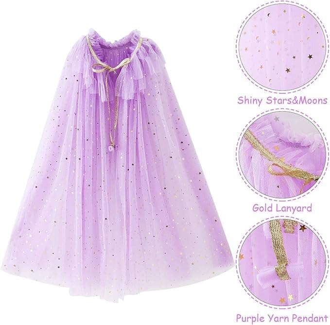 Image of Princess Cape for Girls - Colorful Sequin Cloak with Crown and Wand for Birthday, Halloween, Fancy Dress & Carnival