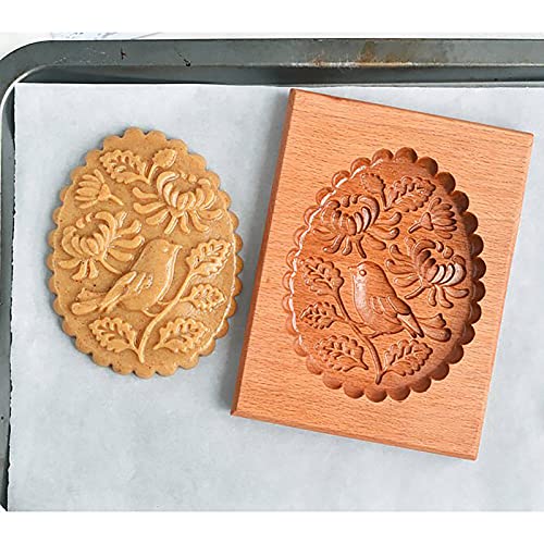 Funny Wooden Cookie Mold Cutters,Cookie Molds With Good Wishes, Carved Cookie Molds for Baking DIY Rose Cookie Cutters,for Cookie Stamp Embossing Craft Decorating Baking Tool (02-bird&flower)