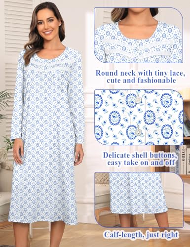 Image of IZZY + TOBY Nightgowns for Women Long Sleeve Soft Cotton Long Warm Nightdress Kintted Night Gown