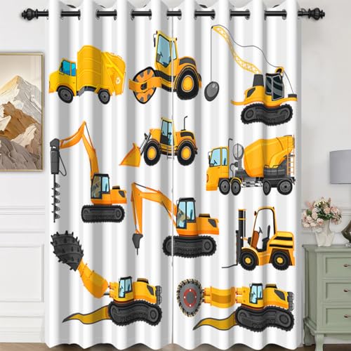 Umpoo 26x63 Inch Construction Truck Blackout Curtains Cartoon Excavator Crane Digger Yellow Heavy Machinery Car for Living Room Children's Bedroom Window Drapes, 2 Panel Home Set with Holes