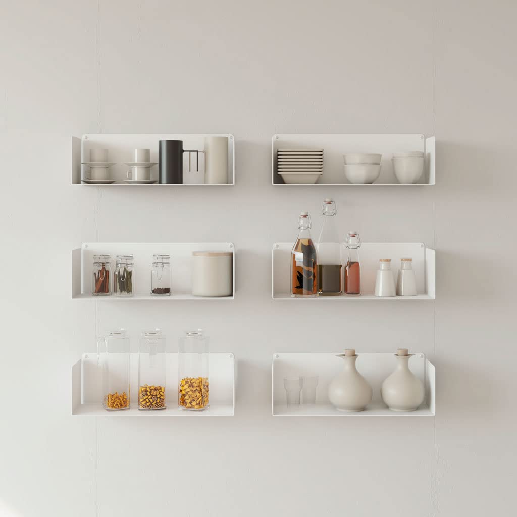 Juego de 6 Estantes Metálicos Flotantes de Pared | Longitud: 45 cm | Estantería Ideal para organización de Libros y Cocina | Acero Lacado al Horno | Fabricado en España (White)