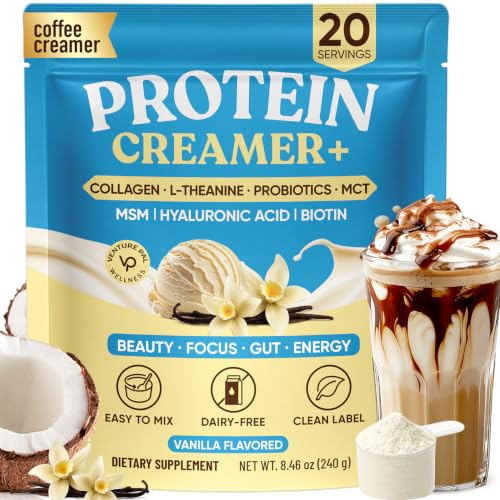 7-in-One Protein Coffee Creamer - Collagen Peptides, MSM, Probiotics, MCT & L-Theanine for Hair,...