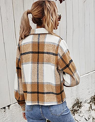Women's Casual Flannel Wool Blend Plaid Shacket Long Sleeve Single Breasted Button Short Jackets Coat4