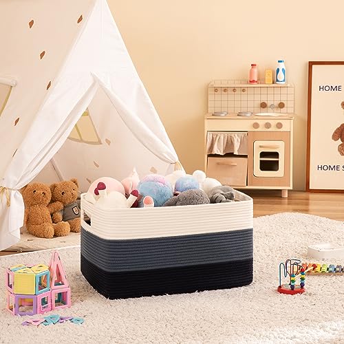 Image of OIAHOMY 108L Large Cotton Rope Basket, Rectangle Woven Baskets for Storage, Nursery Blanket Storage Living Room, Toy Basket With Handle-25 inchx16 inchx16 inch-Gradient Blue