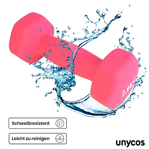 Foto von unycos - Kurzhanteln 2er-Set - Fitnesstraining - Kurzhantelset - Hexagon - rutschfest | Training zu Hause und im Fitnessstudio, Krafttraining, Aerobic, Pilates, Fitness (Pinke, 2 Kg)