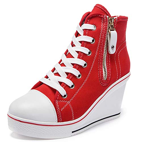iBesun Women's Sneaker Fashion Canvas High-Heeled Shoes Pump Lace UP Wedges Side Zipper