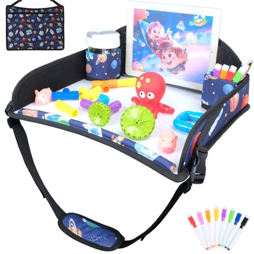 Image of COOLBEBE Kids Travel Tray for Toddler Car Seat, Travel Tray for Airplane, Toddler Car Seat Lap Tray, Carseat Table Tray for Kids Travel Activities (Blue Space)