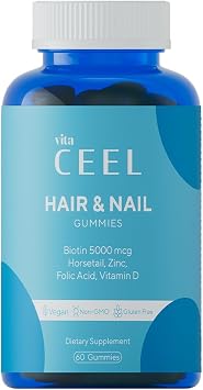 Vita Ceel Hair & Nail Gummies Biotin 5000 mcg, Horsetail, Zinc, Folic Acid & Vitamin D Hair Growth & Nail Strength Support Vegan, Gluten-Free, Non-GMO Halal Certificated - 60 Gummies