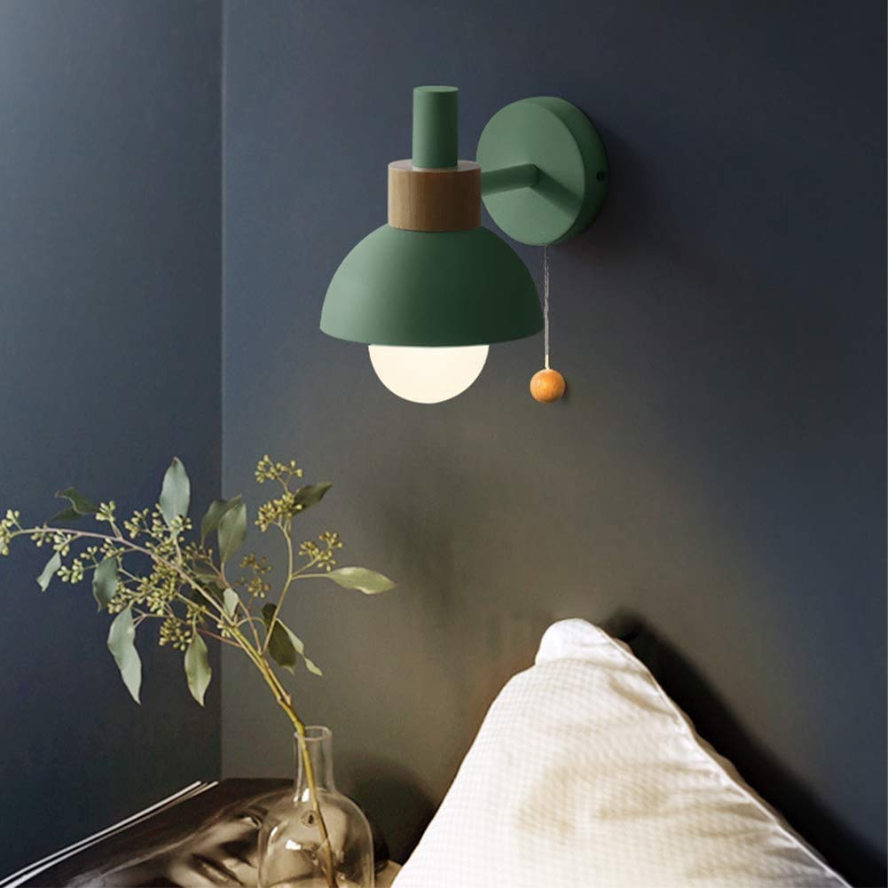 Lampa ścienna do sypialni, żelaza i drewna z przełącznikiem sznurkowym, okrągły stolik nocny, lampka do czytania, oświetlenie do sypialni i salonu.