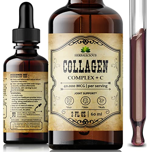 Herbalicious Hydrolyzed Collagen Fish Complex + C - Liquid Collagen Supplement, Marine Collagen, Hydrolyzed Collagen, Vitamin C - Helps Support Joint, Hair, Skin, Nail Wellness - 2 fl. oz