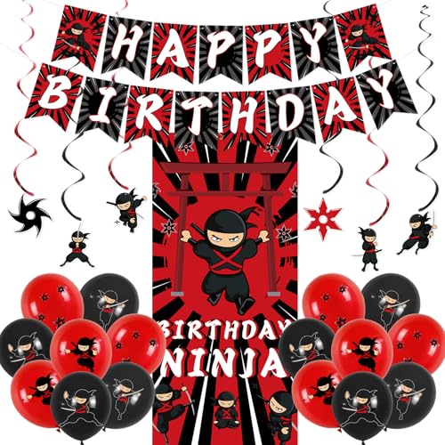 Holkcog Ninja Birthday Party Decorations Martial Arts Karate Kung Fu Themed Party Banner Hanging Decor Spirals Swirls Bollons Red and Black for Party Decor Cosplay Samurai Theme Baby Shower Party