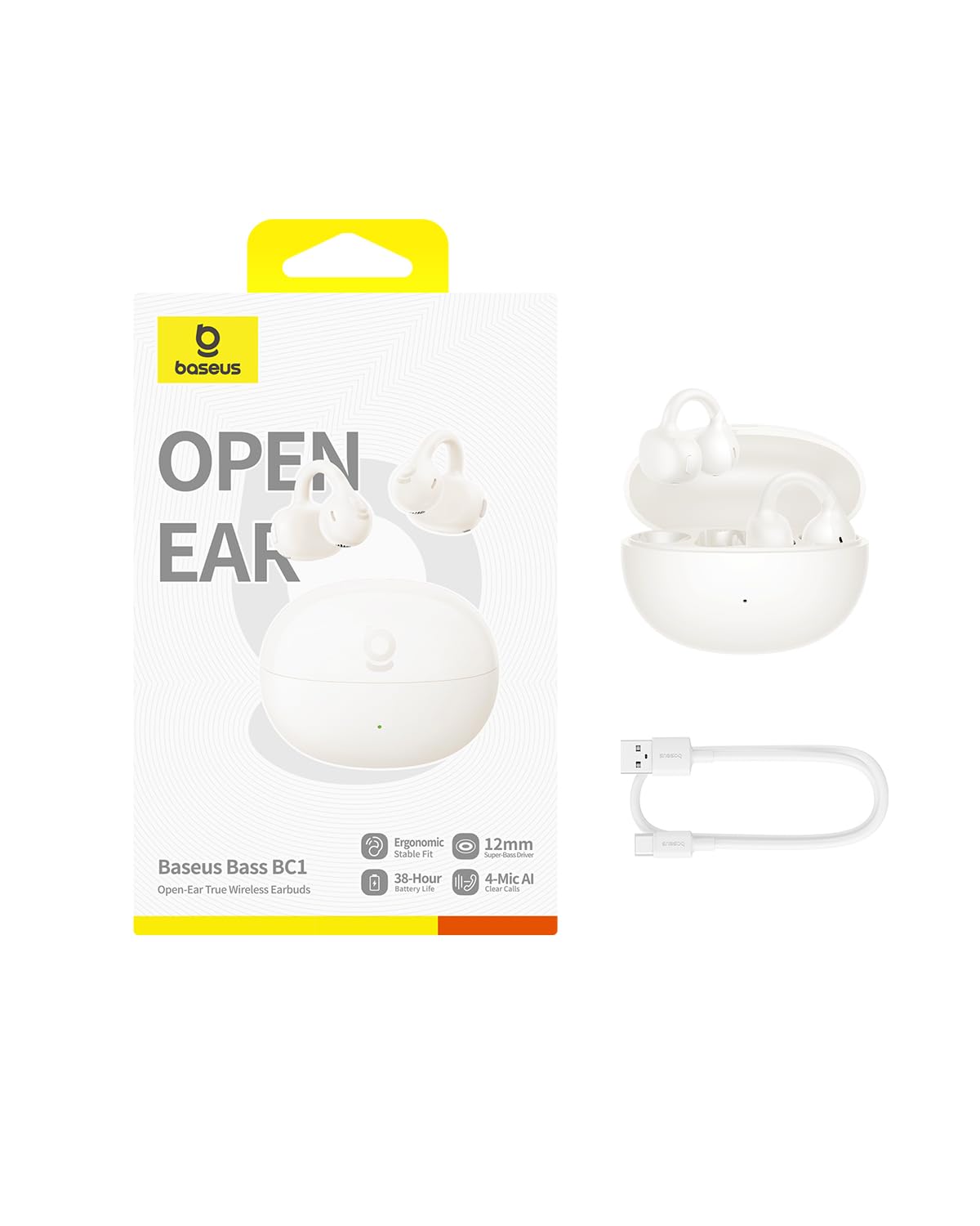 Baseus BC1 Casque Open Ear Clip d'oreille avec Son Impressionnant, Amplification des Basses adaptative, Bluetooth 6.0, réduction du Bruit Lors des appels, IP55, Batterie 38H, bourgeons légers - Blanc